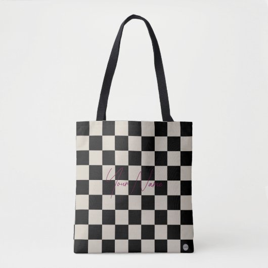 Beige and Black Checker Tote Bag HAMbWG (Devant)