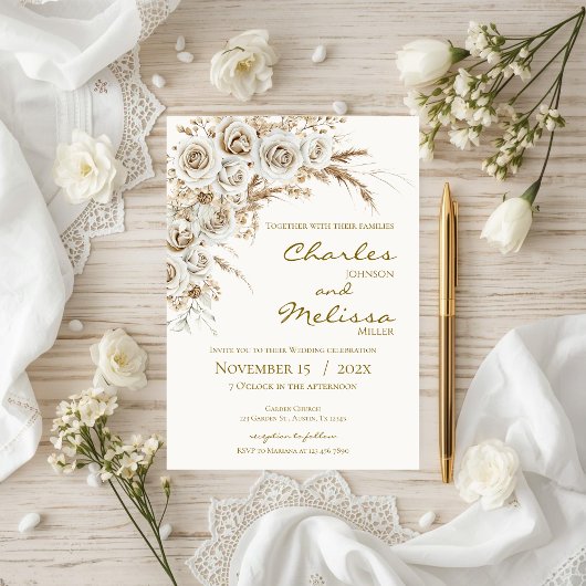 Beige and Boho Flowers Wedding Invitation