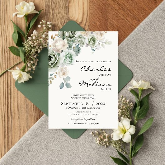 Beige and green Flowers Wedding Invitation
