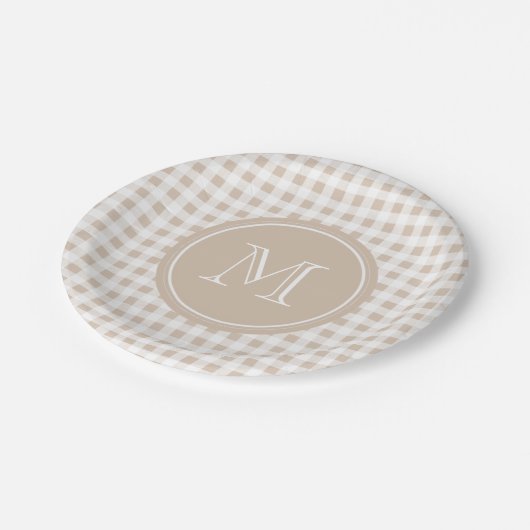 Beige and White Gingham, Jouw Monogram Papieren Bordje (Gekanteld)