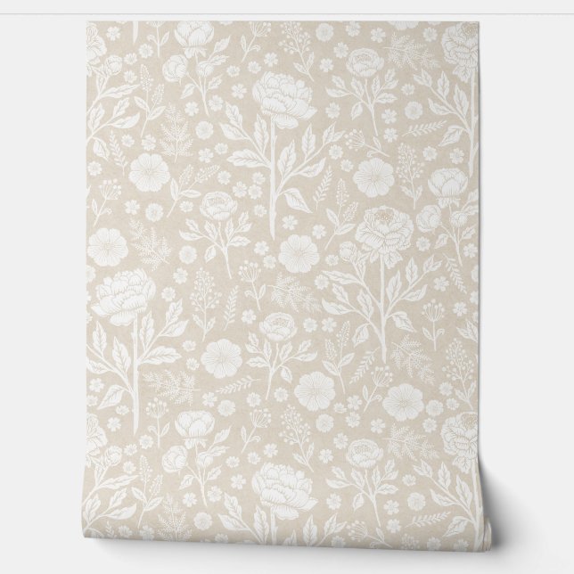 Beige and White Peonies Hand-Drawn Florals Behang (Afrollen)