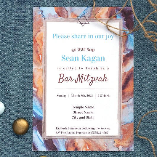 Beige Aqua Blue Bar Mitzvah Invitation