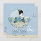Beige Baby Blue Baby Carriage Boy Shower Kaart (Voorkant / Achterkant)
