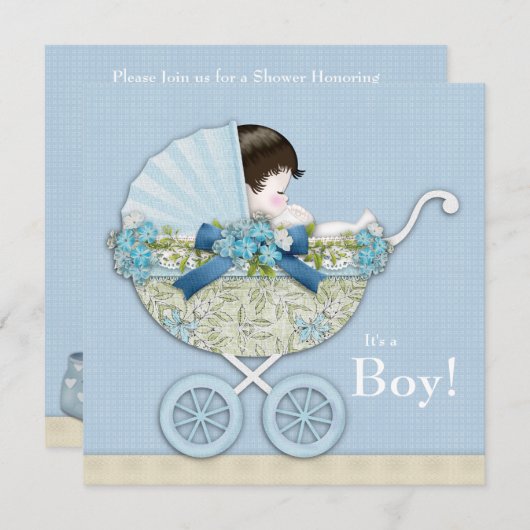 Beige Baby Blue Baby Carriage Boy Shower Kaart (Voorkant / Achterkant)
