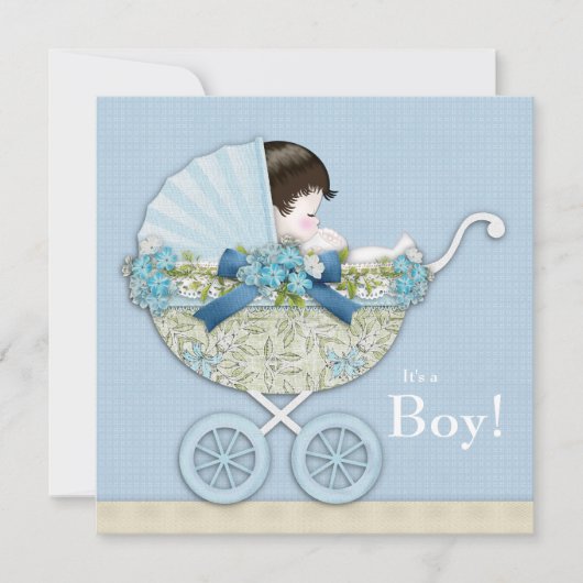 Beige Baby Blue Baby Carriage Boy Shower Kaart (Voorkant)