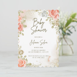 Beige Baby shower Bloemenuitnodiging Kaart
