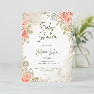 Beige Baby shower Bloemenuitnodiging Kaart