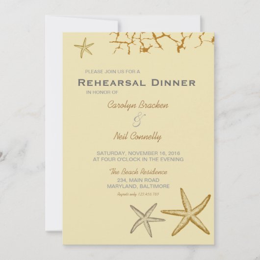 Beige Beach Thlemed Starfish repesal Dinner Kaart (Voorkant)