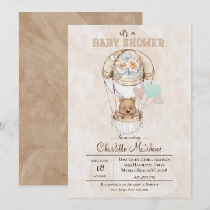 Beige Beer Hot Air Ballon Baby shower Kaart
