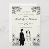 Beige Black Simple Illustation Wedding Invitation Kaart (Voorkant / Achterkant)
