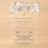 Beige blanc floral espagnol baptême Invitation (Recto)