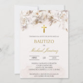 Beige blanc floral espagnol baptême Invitation (Devant)