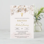 Beige blanc floral espagnol baptême Invitation (Debout devant)