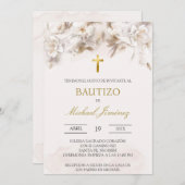 Beige blanc floral espagnol baptême Invitation (Devant / Derrière)