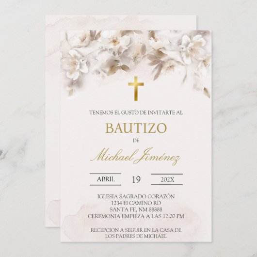 Beige blanc floral espagnol baptême Invitation (Devant / Derrière)