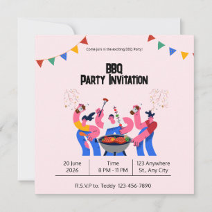 Beige Blau Speelse BBQ-feest Platte Kaart