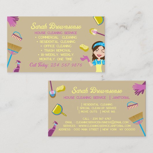 Beige Blauw Roze Huishoudster schoonmaak Janitoria Visitekaartje (Voorkant / Achterkant)