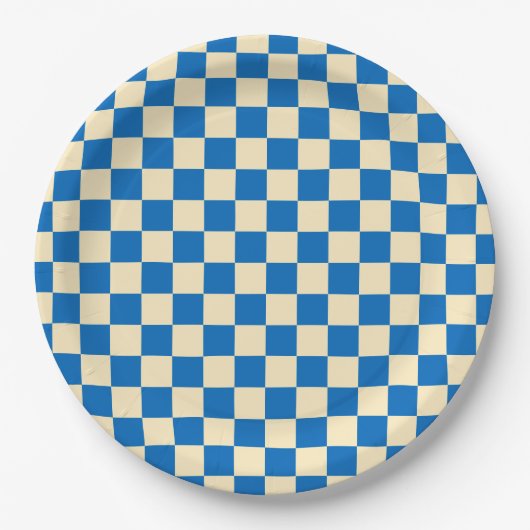 Beige + Blauwe Check Checkerboard Patroon Papieren Bordje (Voorkant)