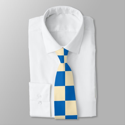 Beige + Blauwe Check Checkerboard Patroon Stropdas (Gebonden)