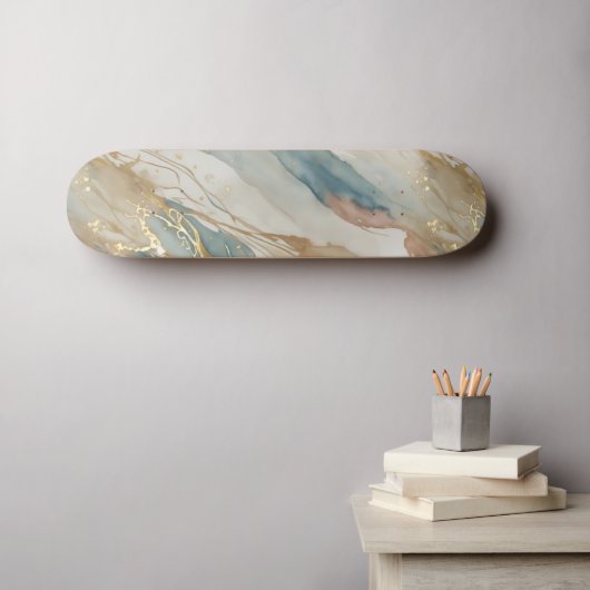 Beige & Blauwe Waterverf Abstract Marmer Skateboard (Muurkunst (Horizontaal))