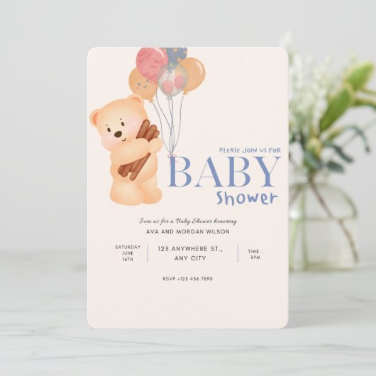 Beige Bleu mignon Ours Baby shower Invitation (Debout devant)