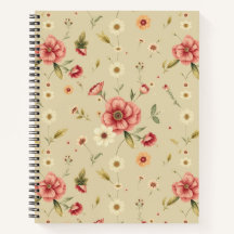 Beige Bloemen Notitieboek met Rode Bloemen