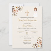Beige bloemige uitnodiging voor de Eerste Communie (Voorkant)