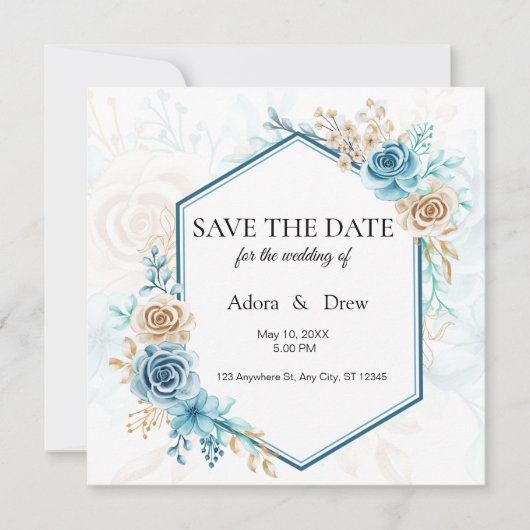 Beige blue Elegant Floral Wedding Save The Date (Voorkant)