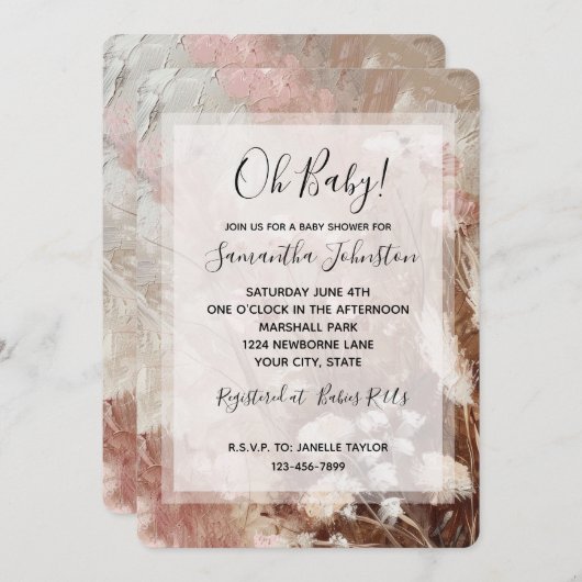 Beige Blush Pink Boho Floral Baby shower Kaart (Voorkant / Achterkant)