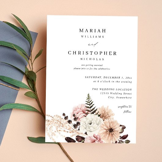 Beige & Blush Pink Rustic Floral Wedding Kaart