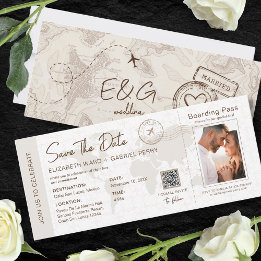 Beige Boarding Pass Reizen Bruiloft QR Code Kaart