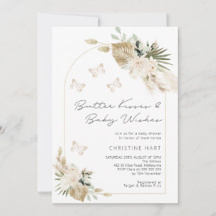 Beige Bohemian Floral Butterfly Kisses Baby shower Kaart