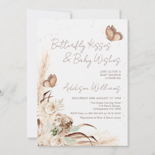 Beige Boho Floral Butterly Kisses Baby shower Kaart
