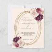 Beige bordeaux ivoor bloemen huwelijksuitnodiging (Voorkant)