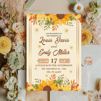 Beige botanische bruiloft met oranje, gele bloemen kaart