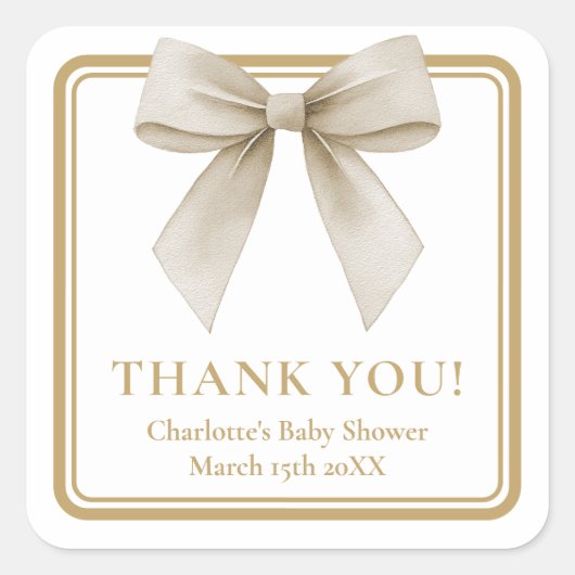 Beige Bow Baby Shower Thank You Favor Label (Voorkant)