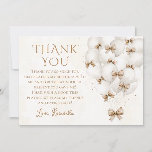 Beige Bow Balloons Meisje Verjaardag Dank u kaart (Voorkant)