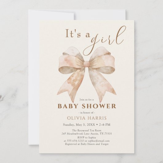 Beige Bow Boho Waterverf Baby shower Kaart (Voorkant)