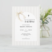 Beige Bow Striped Boys Girls - Baptism Invitation (Debout devant)