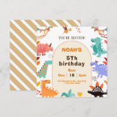Beige Brown Cute Dinosaur Birthday Invitation Card Kaart (Voorkant / Achterkant)