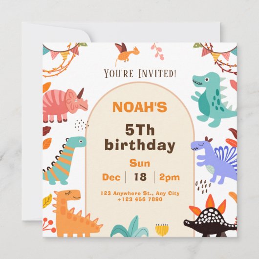 Beige Brown Cute Dinosaur Birthday Invitation Card Kaart (Voorkant)