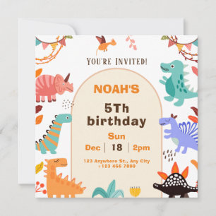 Beige Brown Cute Dinosaur Birthday Invitation Card Kaart