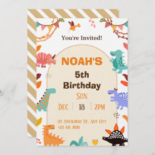 Beige Brown Cute Dinosaur Carte d'invitation Anniv