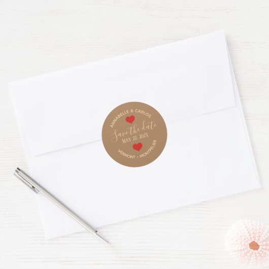 Beige Brown Enregistrer la date Sticker rond class (Enveloppe)