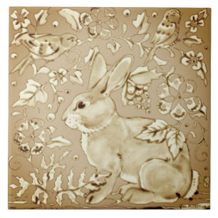 Beige Brown Ivory Bunny Rabbit Bird Leaf Tegeltje
