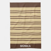  Beige &Brown Stripes Pattern monogram Name Theedoek (Verticaal)