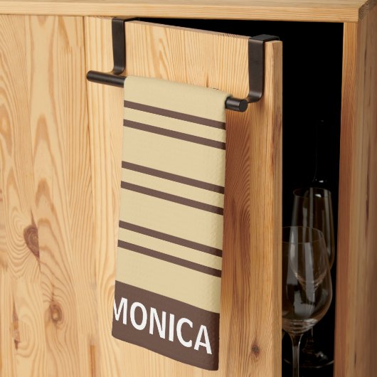  Beige &Brown Stripes Pattern monogram Name Theedoek (Derde Gevouwen)