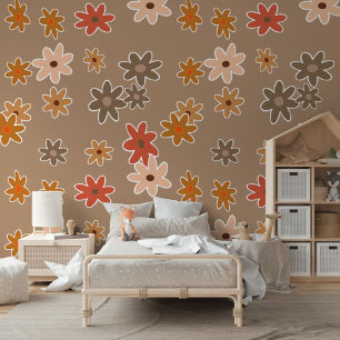 Beige Bruin Rood Perzik Roze Bloemen Kunstpatroon Behang