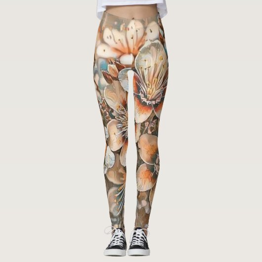  beige bruine kersenbloesems leggings (Voorkant)