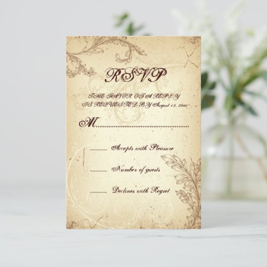 Beige, bruine scrollblad bruiloft RSVP (Staand voorkant)